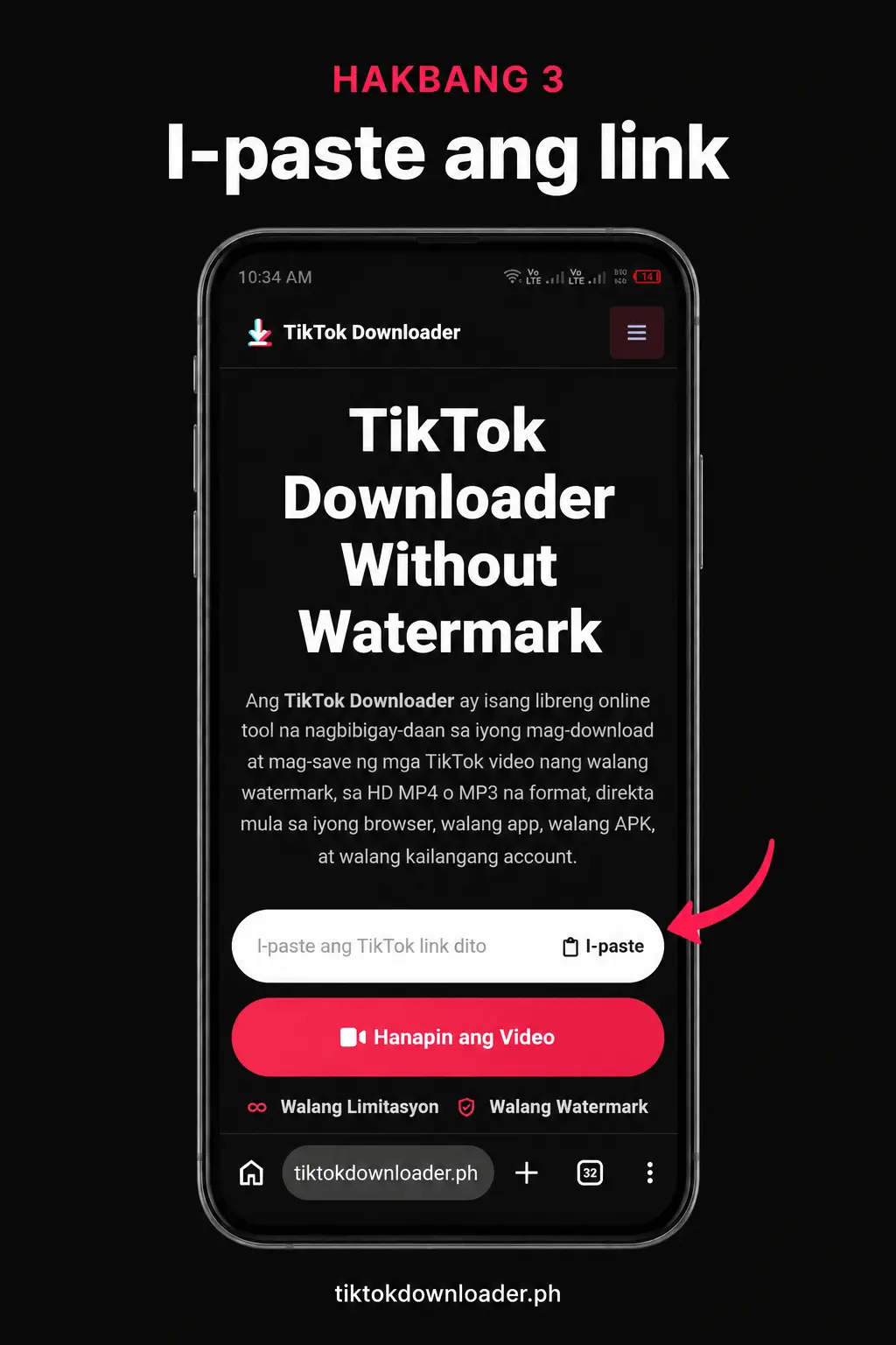 I-paste ang kinopyang TikTok video link sa tiktokdownloader.ph