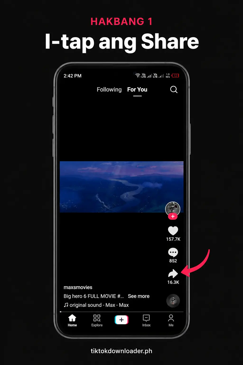 I-tap ang Share sa TikTok video para buksan ang mga opsyon sa pagbabahagi