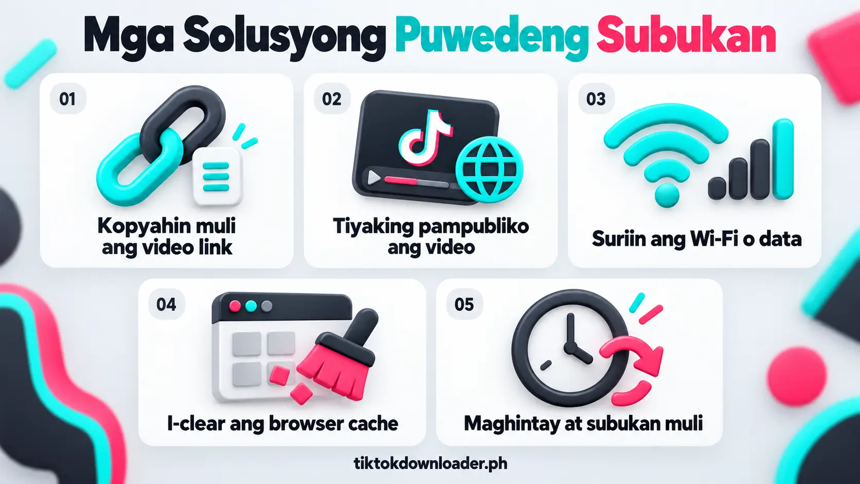 Limang solusyon sa TikTok download: tamang link, public na video, koneksyon, cache at muling pagsubok